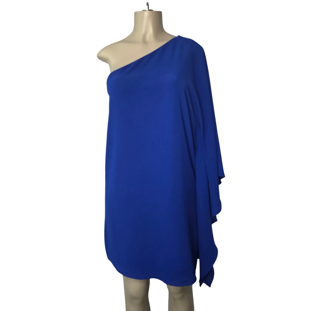 Premier Amour Dress Womens 10 Blue One Shoulder Cape Sleeve Cocktail P84L7855